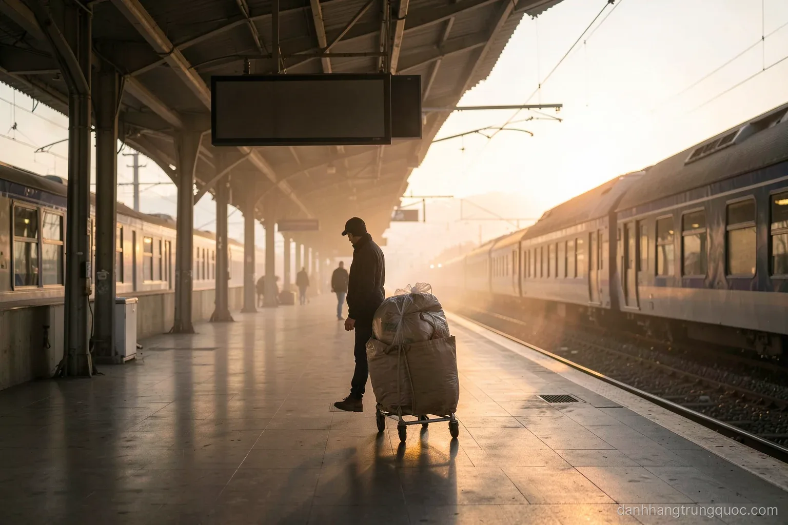 Wide shot of a high-speed train platform at dawn with a lone traveler pulling a large bundled parcel on a hand cart, mist and soft amber light, blank overhead boards