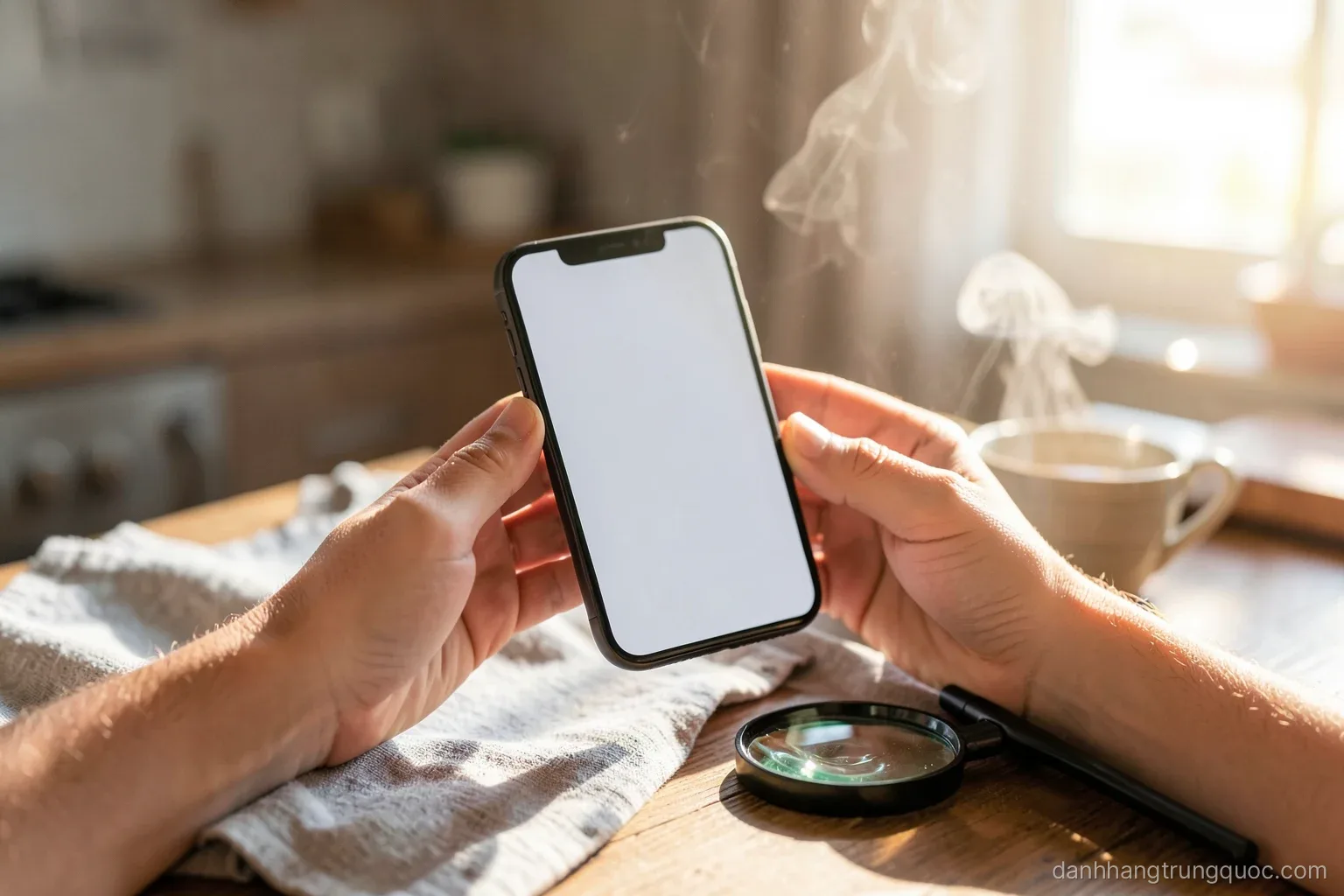 Close-up of two hands holding a blank smartphone above a kitchen table with a plain sample garment and a magnifying glass, steam from a tea cup, soft morning backlight
